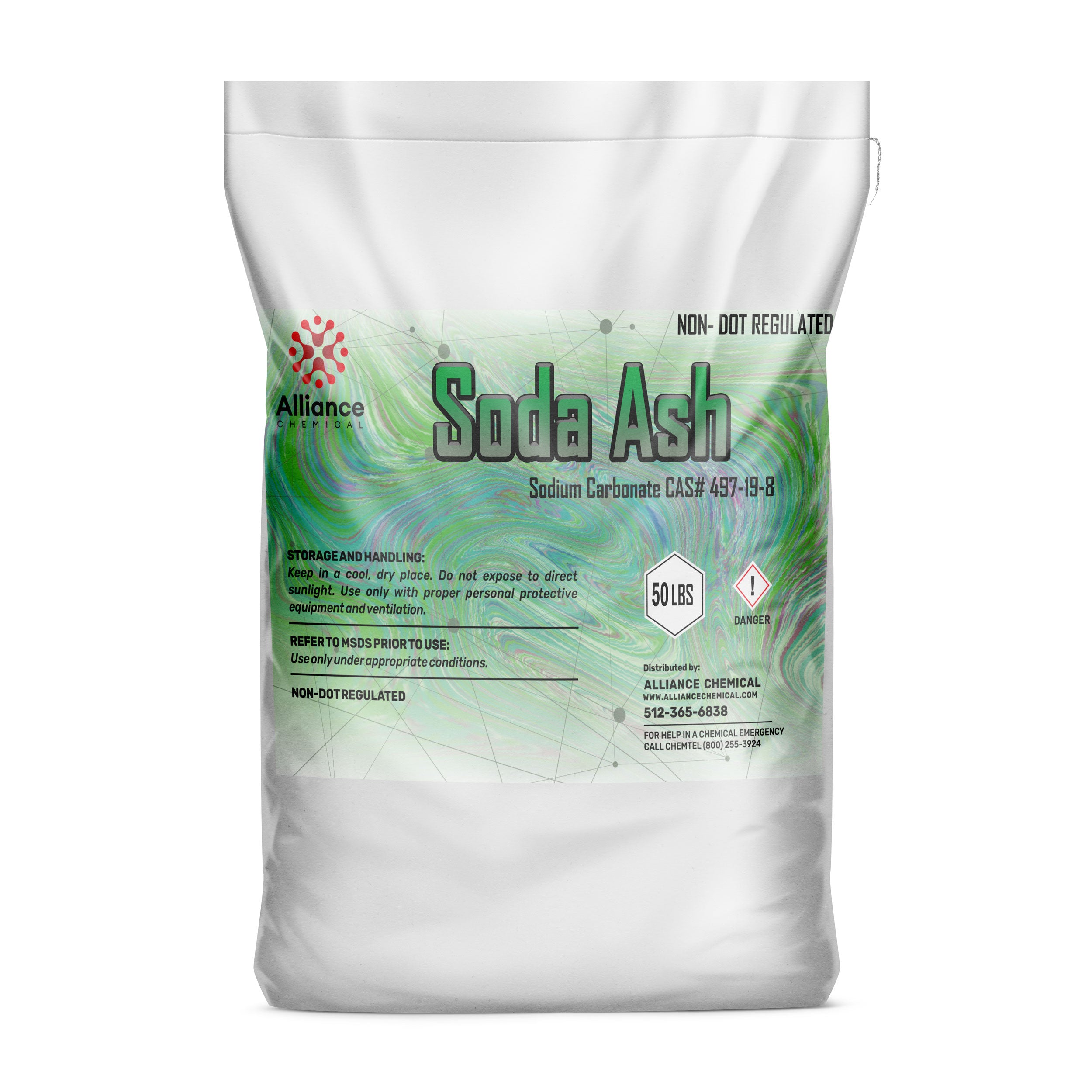 50-lb bag of industrial soda ash (sodium carbonate CAS#497-19-8) with danger symbol, non-DOT regulated, in white packaging with green gradient design.